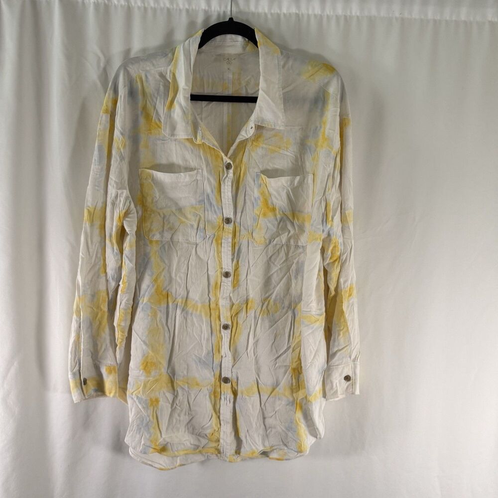 Calia Carrie Underwood Blouse Women's XL White Yellow Long Sleeve Button Up